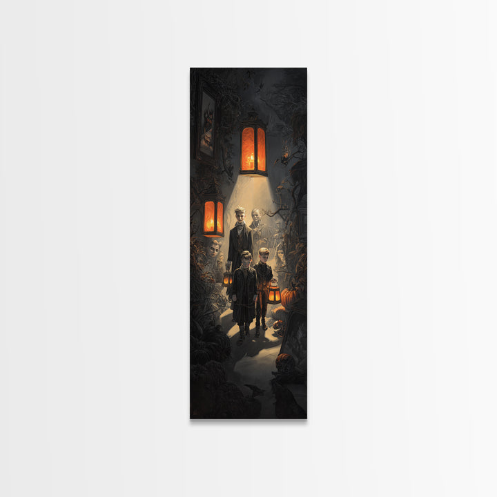 The Trick-Or-Treat Procession, Tall Narrow Wall Art, Spooky Home Decor, Canvas Print, Halloween Wall Decor, Gothic Home Decor