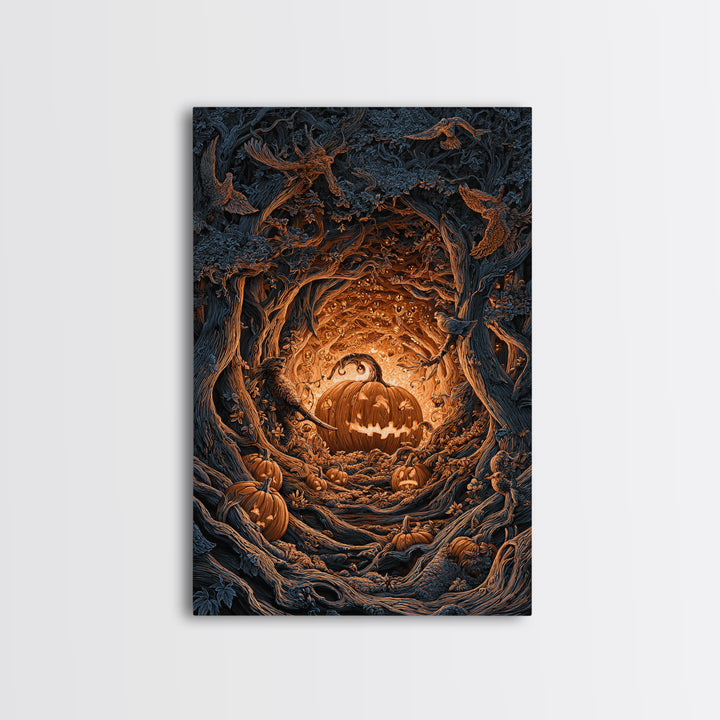 The Pumpkin-Carving Ritual, Vertical Wall Art, Haunted Gothic Art, Framed Canvas Print, Halloween Wall Decor, Gothic Home Decor