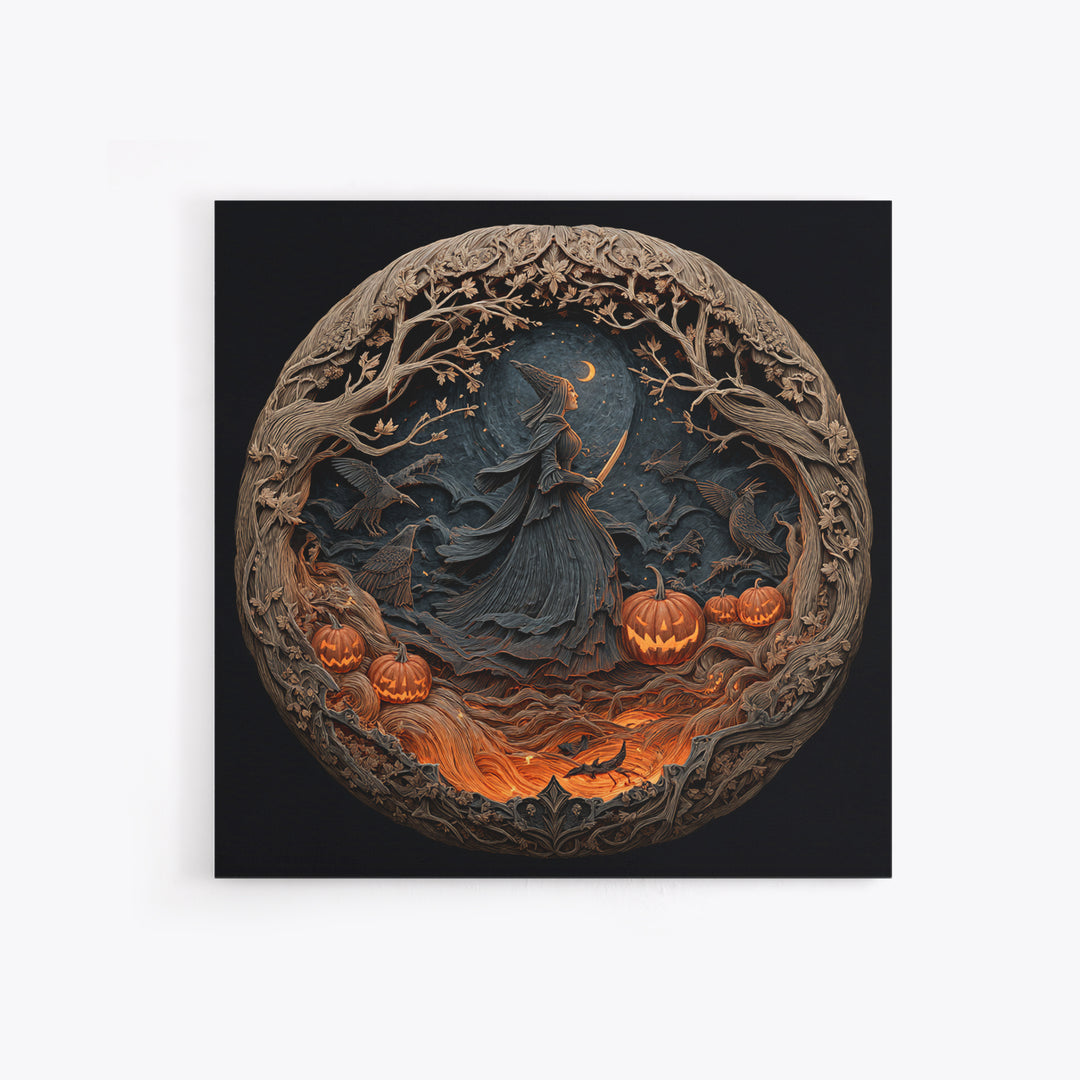 The Pumpkin-Carving Ritual, Square Wall Art, Haunted Gothic Art, Framed Canvas Print, Halloween Wall Decor, Gothic Home Decor