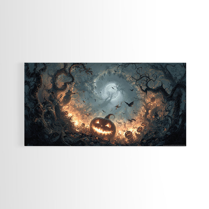 The Pumpkin-Carving Ritual, Wide Panoramic Art, Dark Fantasy Wall Art, Canvas Print, Halloween Wall Decor, Gothic Home Decor