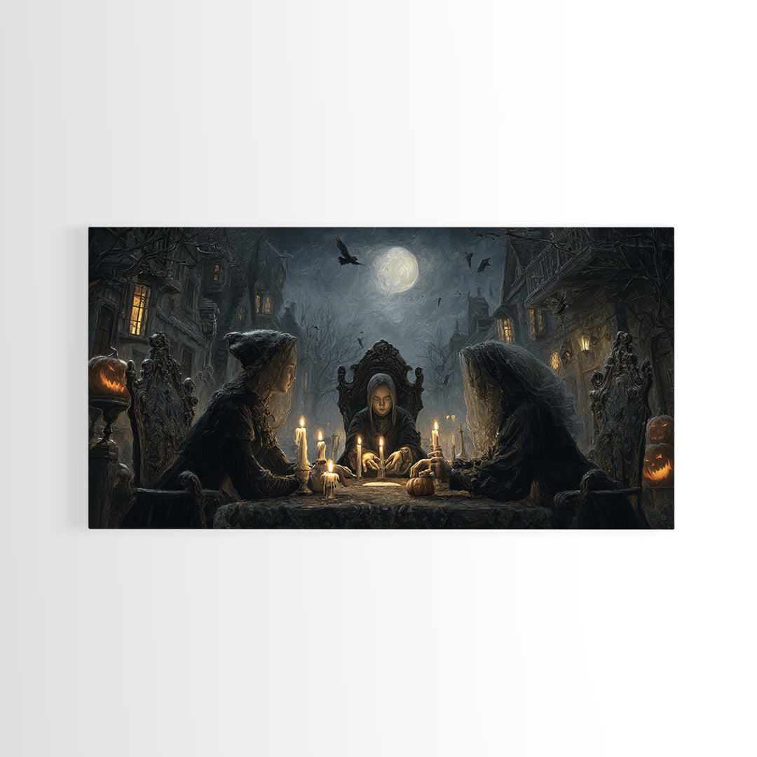 The Candlelit Seance, Wide Panoramic Art, Haunted Gothic Art, Framed Canvas Print, Halloween Wall Decor, Gothic Home Decor