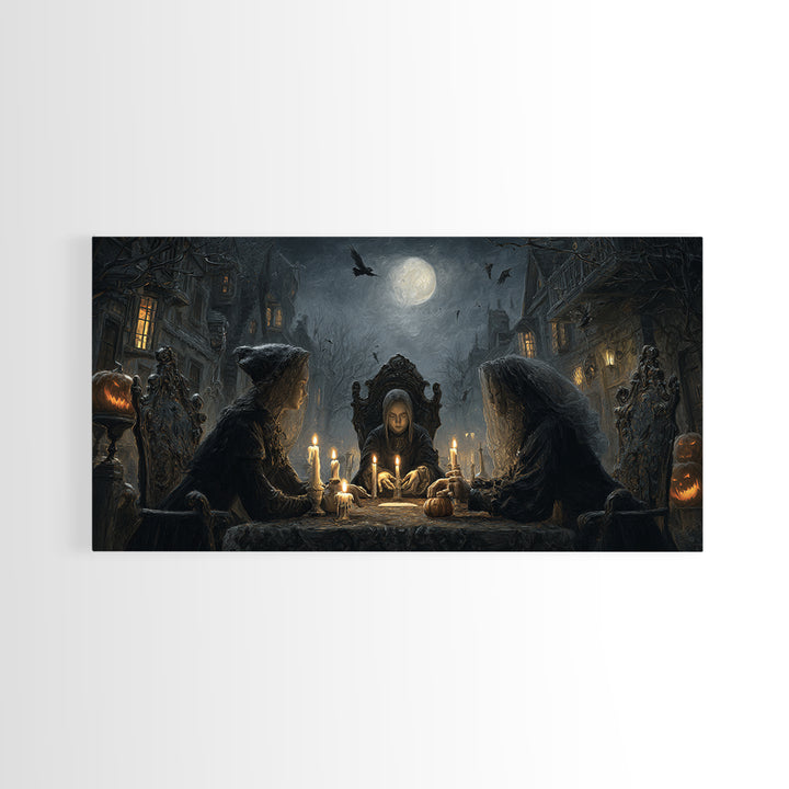 The Candlelit Seance, Wide Panoramic Art, Haunted Gothic Art, Framed Canvas Print, Halloween Wall Decor, Gothic Home Decor