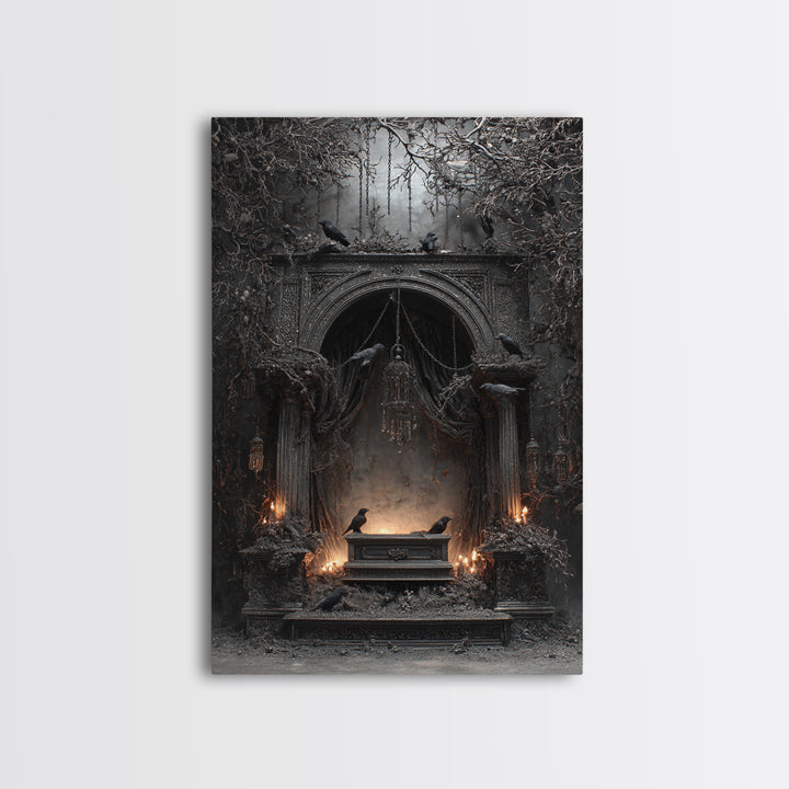 The Raven Funeral, Vertical Wall Art, Gothic Horror Wall Art, Framed Canvas Print, Halloween Wall Decor, Gothic Home Decor, Dark Fantasy Art