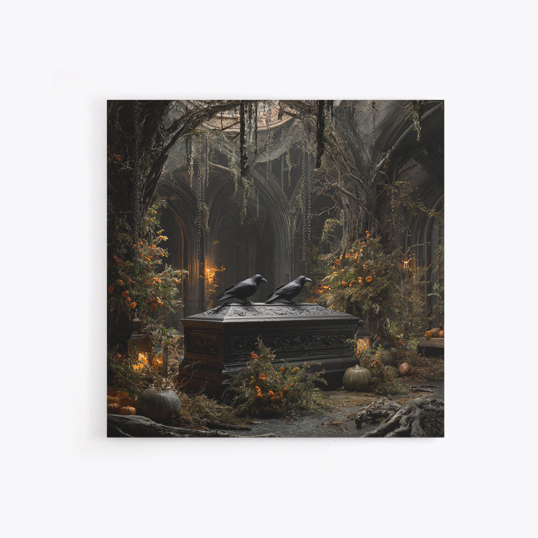 The Raven Funeral, Square Wall Art, Haunted Gothic Art, Framed Canvas Print, Halloween Wall Decor, Gothic Home Decor, Macabre Wall Art