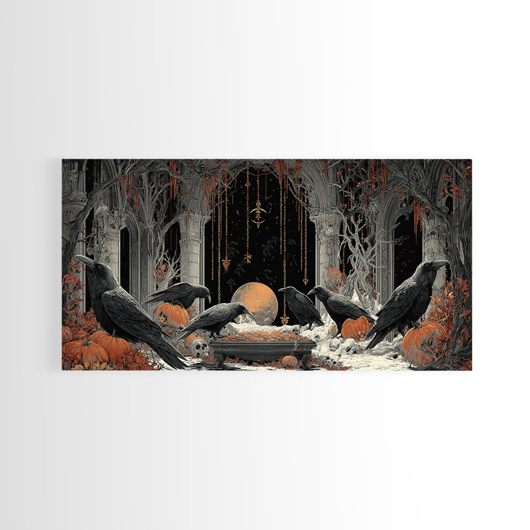 The Raven Funeral, Wide Panoramic Art, Gothic Horror Wall Art, Framed Canvas Print, Halloween Wall Decor, Gothic Home Decor, Halloween Decor