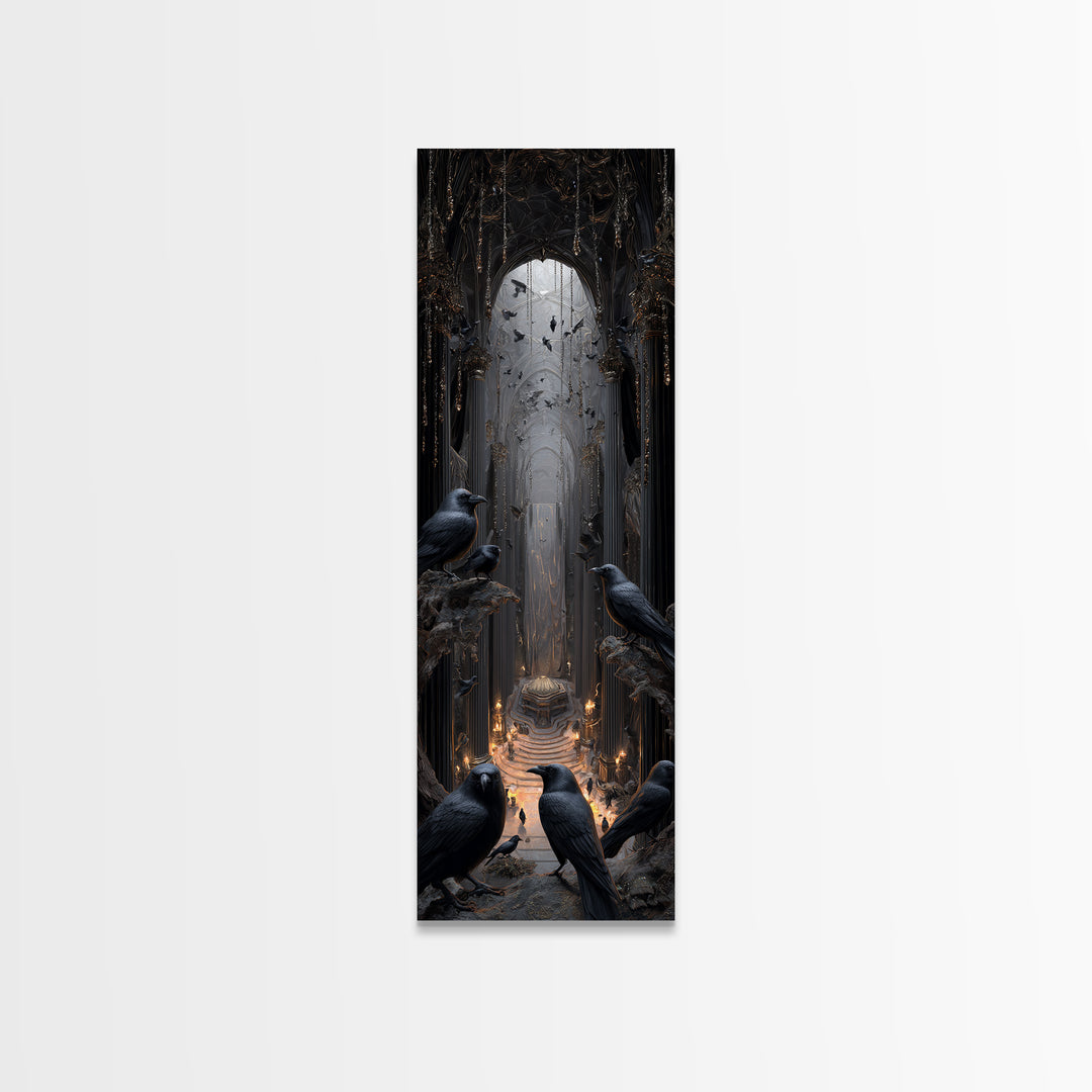 The Raven Funeral, Tall Narrow Wall Art, Gothic Horror Wall Art, Framed Canvas Print, Halloween Wall Decor, Gothic Home Decor