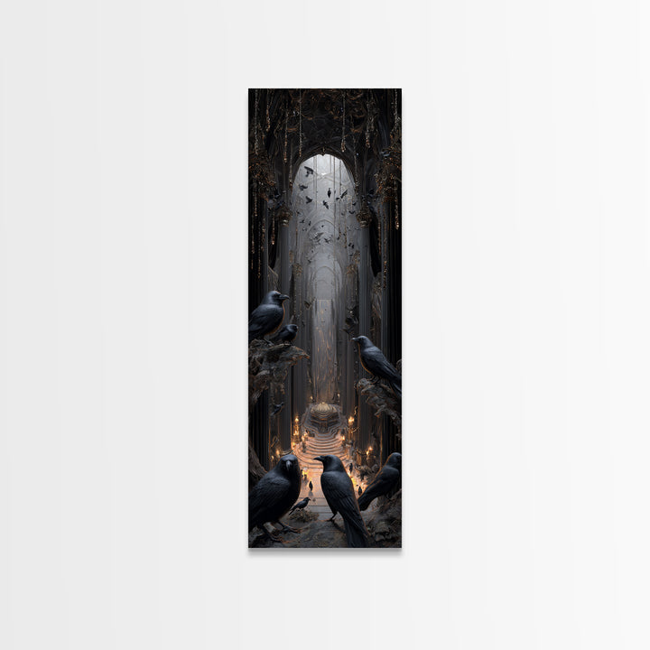 The Raven Funeral, Tall Narrow Wall Art, Gothic Horror Wall Art, Framed Canvas Print, Halloween Wall Decor, Gothic Home Decor