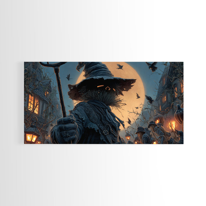 The Scarecrow Uprising, Wide Panoramic Art, Haunted Gothic Art, Framed Canvas Print, Halloween Wall Decor, Gothic Home Decor