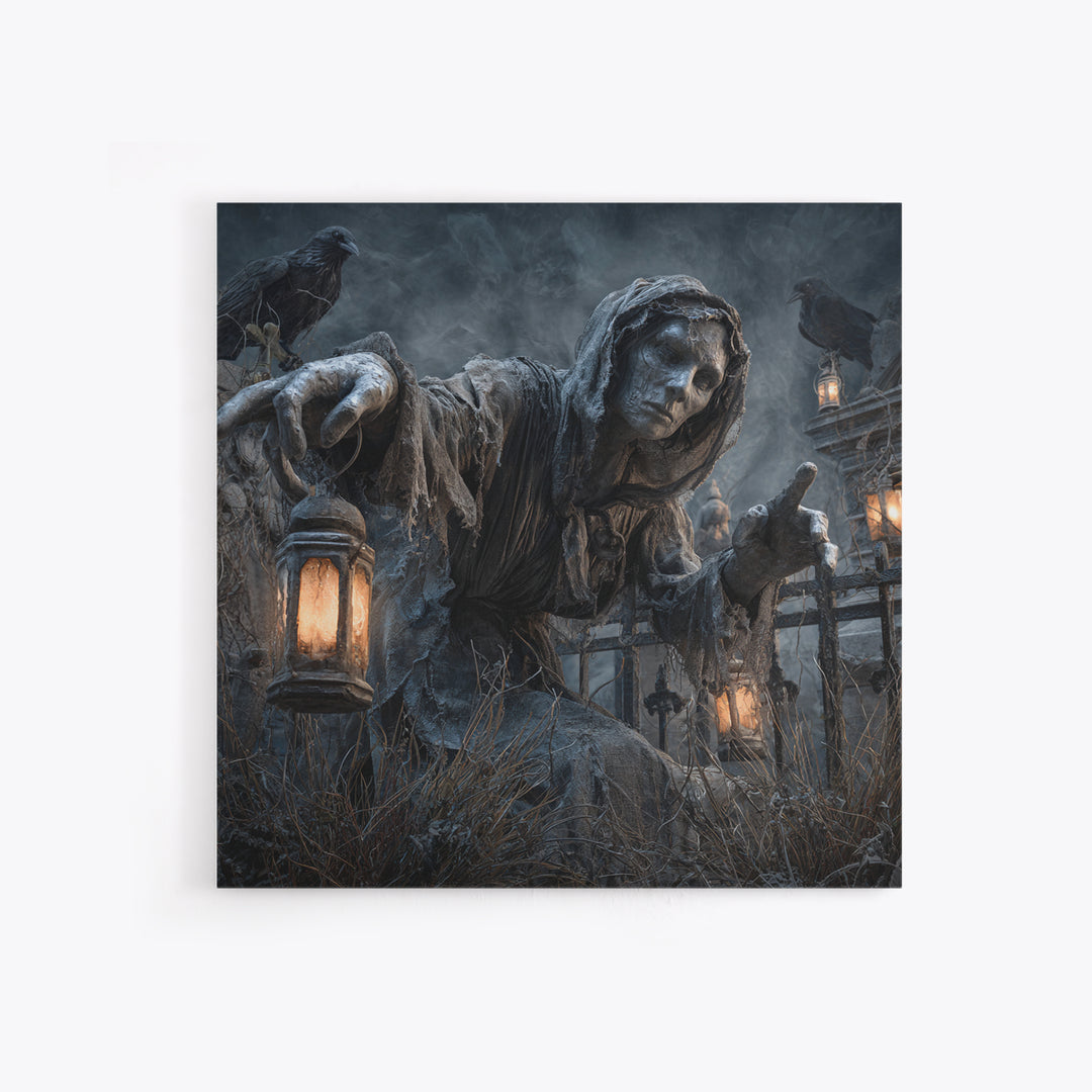The Cemetery Lantern Festival, Square Wall Art, Haunted Gothic Art, Framed Canvas Print, Halloween Wall Decor, Gothic Home Decor