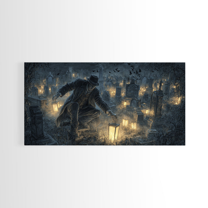 The Cemetery Lantern Festival, Wide Panoramic Art, Dark Fantasy Wall Art, Canvas Print, Halloween Wall Decor, Gothic Home Decor