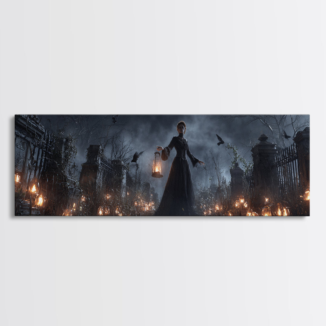 The Cemetery Lantern Festival, Extra Wide Wall Art, Macabre Wall Art, Framed Canvas Print, Halloween Wall Decor, Gothic Home Decor
