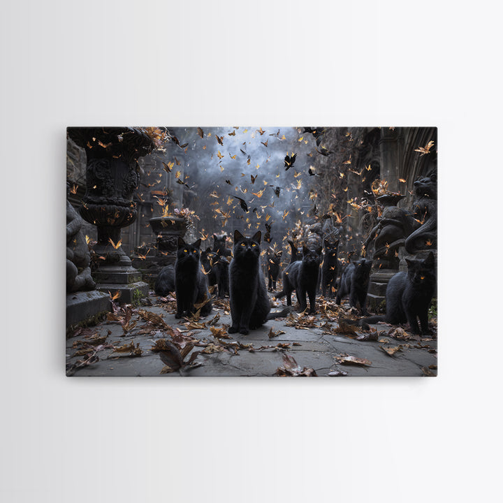 The Black Cat Gathering, Landscape Wall Art, Haunted Gothic Art, Framed Canvas Print, Halloween Wall Decor, Gothic Home Decor