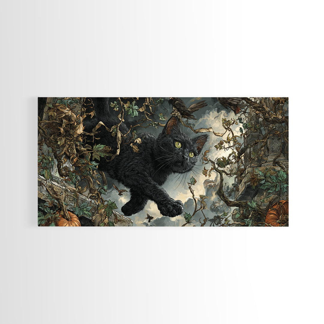 The Black Cat Gathering, Wide Panoramic Art, Gothic Horror Wall Art, Framed Canvas Print, Halloween Wall Decor, Gothic Home Decor