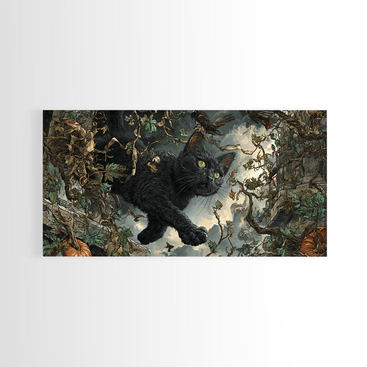 The Black Cat Gathering, Wide Panoramic Art, Gothic Horror Wall Art, Framed Canvas Print, Halloween Wall Decor, Gothic Home Decor
