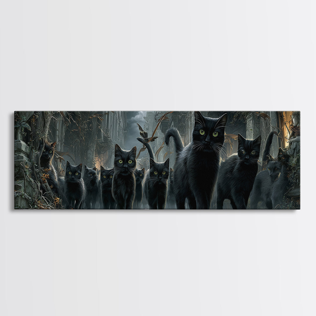 The Black Cat Gathering, Extra Wide Wall Art, Gothic Horror Wall Art, Framed Canvas Print, Halloween Wall Decor, Gothic Home Decor