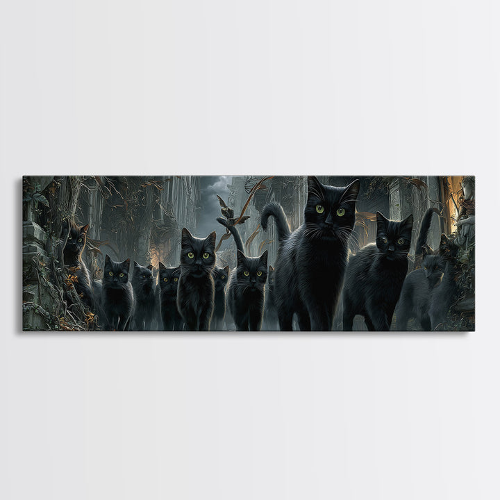 The Black Cat Gathering, Extra Wide Wall Art, Gothic Horror Wall Art, Framed Canvas Print, Halloween Wall Decor, Gothic Home Decor
