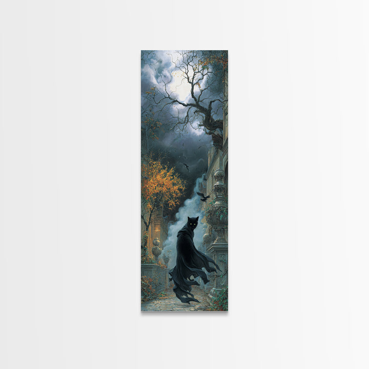 The Black Cat Gathering, Tall Narrow Wall Art, Dark Halloween Decor, Canvas Print, Halloween Wall Decor, Gothic Home Decor