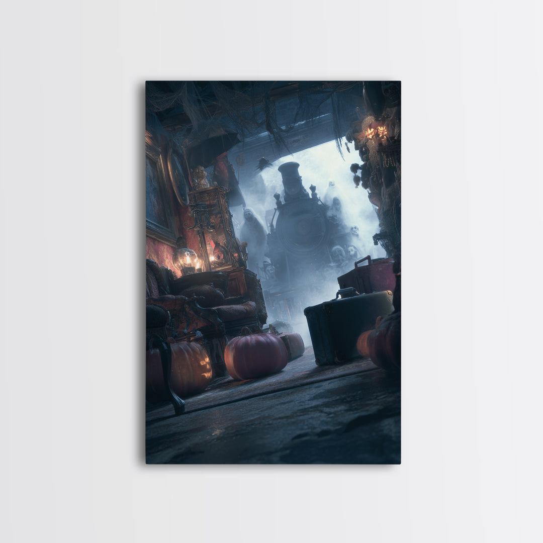 The Ghost Train Arrival, Vertical Wall Art, Haunted Gothic Art, Framed Canvas Print, Halloween Wall Decor, Gothic Home Decor