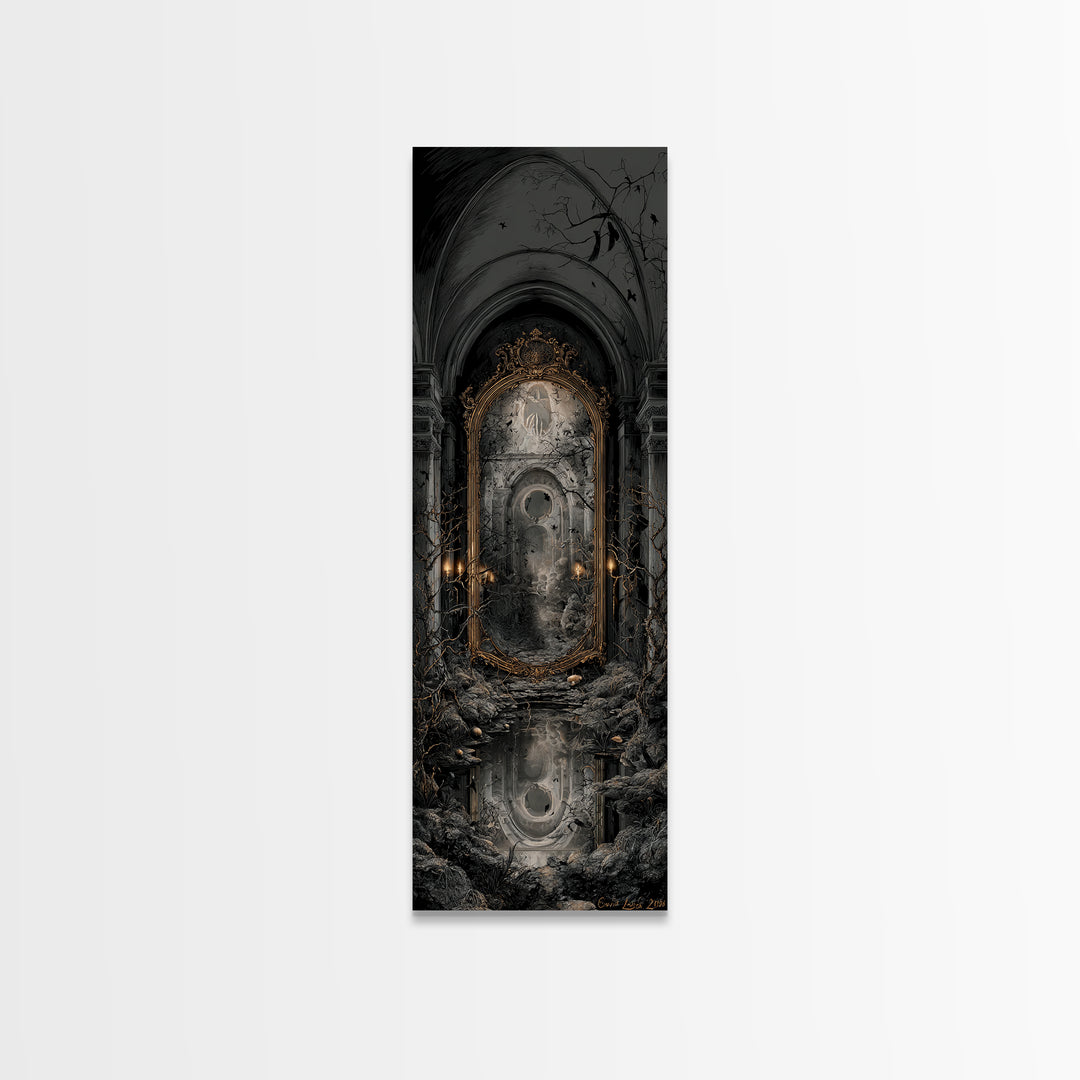 The Cursed Mirror, Tall Narrow Wall Art, Gothic Horror Wall Art, Framed Canvas Print, Halloween Wall Decor, Gothic Home Decor