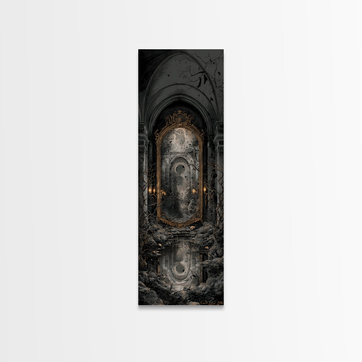 The Cursed Mirror, Tall Narrow Wall Art, Gothic Horror Wall Art, Framed Canvas Print, Halloween Wall Decor, Gothic Home Decor