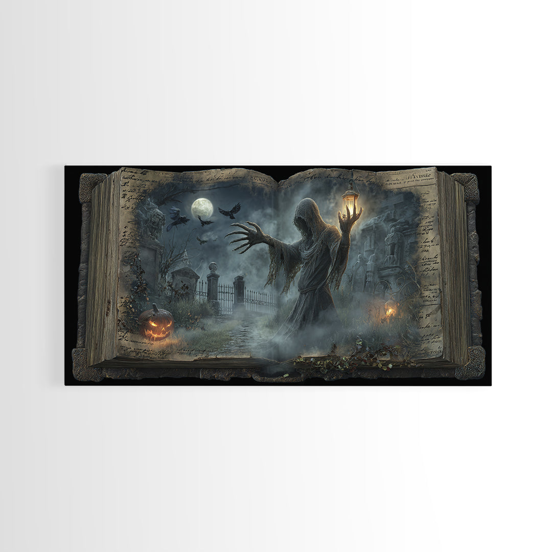 The Living Spellbook, Wide Panoramic Art, Macabre Wall Art, Framed Canvas Print, Halloween Wall Decor, Gothic Home Decor, Dark Fantasy Art