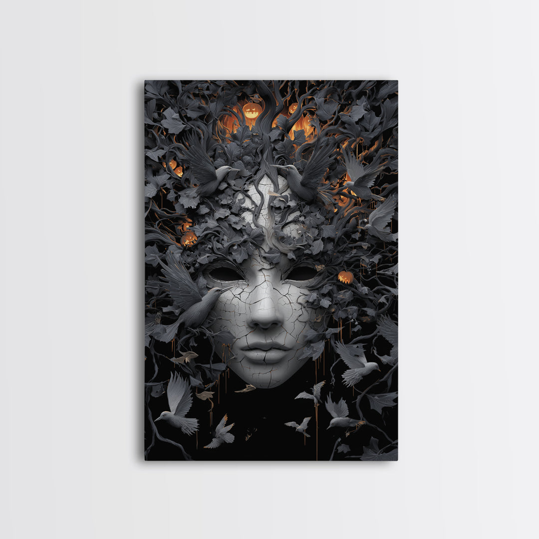 The Cracked Porcelain Mask, Vertical Wall Art, Dark Halloween Decor, Canvas Print, Halloween Wall Decor, Gothic Home Decor