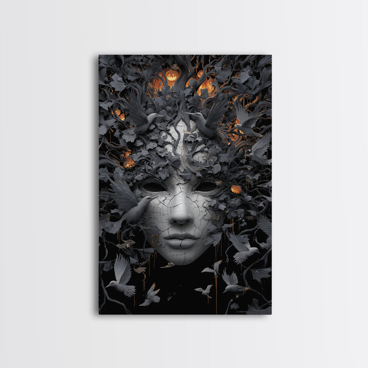 The Cracked Porcelain Mask, Vertical Wall Art, Dark Halloween Decor, Canvas Print, Halloween Wall Decor, Gothic Home Decor