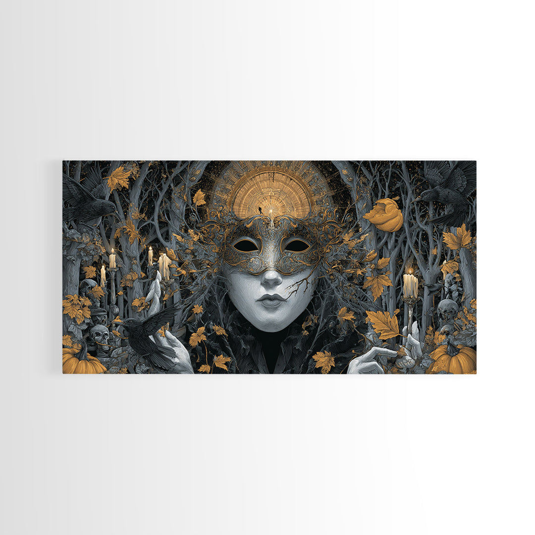The Cracked Porcelain Mask, Wide Panoramic Art, Haunted Gothic Art, Framed Canvas Print, Halloween Wall Decor, Gothic Home Decor