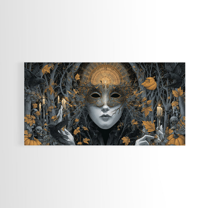 The Cracked Porcelain Mask, Wide Panoramic Art, Haunted Gothic Art, Framed Canvas Print, Halloween Wall Decor, Gothic Home Decor
