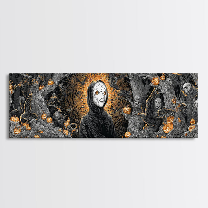 The Cracked Porcelain Mask, Extra Wide Wall Art, Haunted Gothic Art, Framed Canvas Print, Halloween Wall Decor, Gothic Home Decor