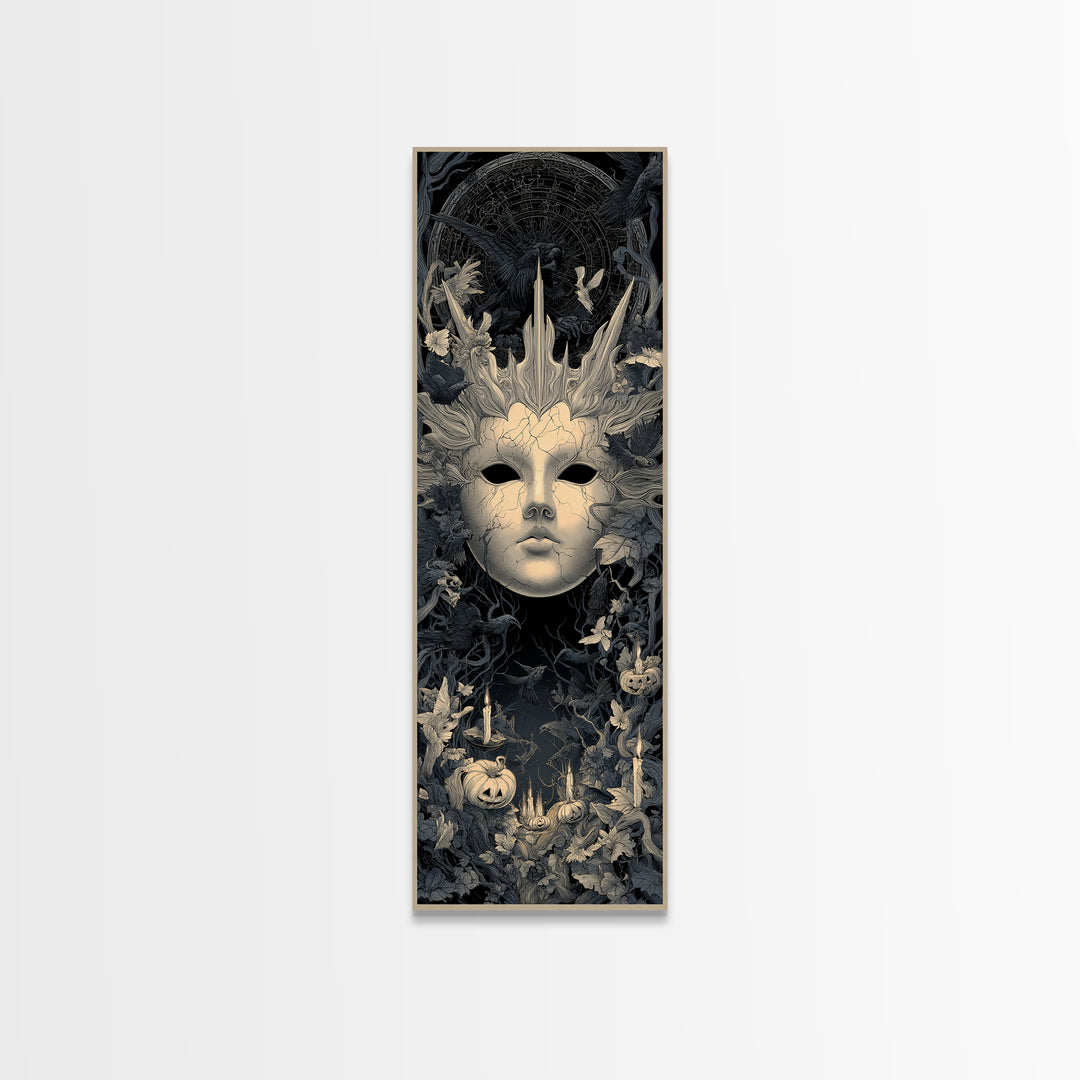 The Cracked Porcelain Mask, Tall Narrow Wall Art, Dark Halloween Decor, Canvas Print, Halloween Wall Decor, Gothic Home Decor