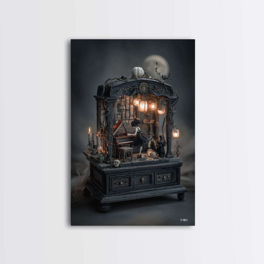 The Haunted Music Box, Vertical Wall Art, Spooky Home Decor, Canvas Print, Halloween Wall Decor, Gothic Home Decor, Dark Fantasy Art