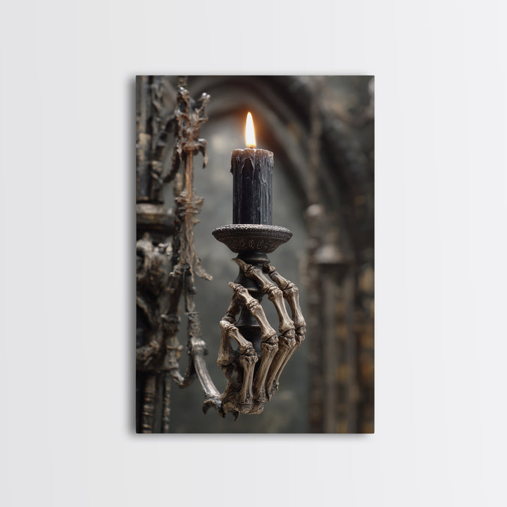 The Skeletal Hand Candleholder, Vertical Wall Art, Macabre Wall Art, Framed Canvas Print, Halloween Wall Decor, Gothic Home Decor