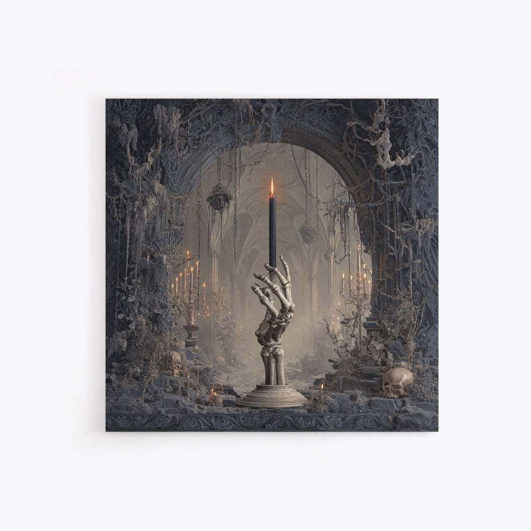 The Skeletal Hand Candleholder, Square Wall Art, Dark Fantasy Wall Art, Canvas Print, Halloween Wall Decor, Gothic Home Decor