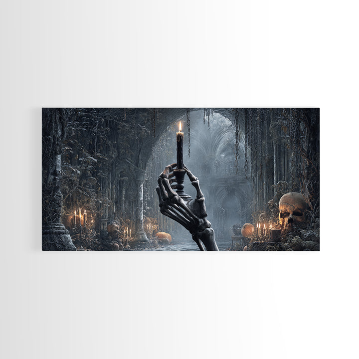 The Skeletal Hand Candleholder, Wide Panoramic Art, Spooky Home Decor, Canvas Print, Halloween Wall Decor, Gothic Home Decor