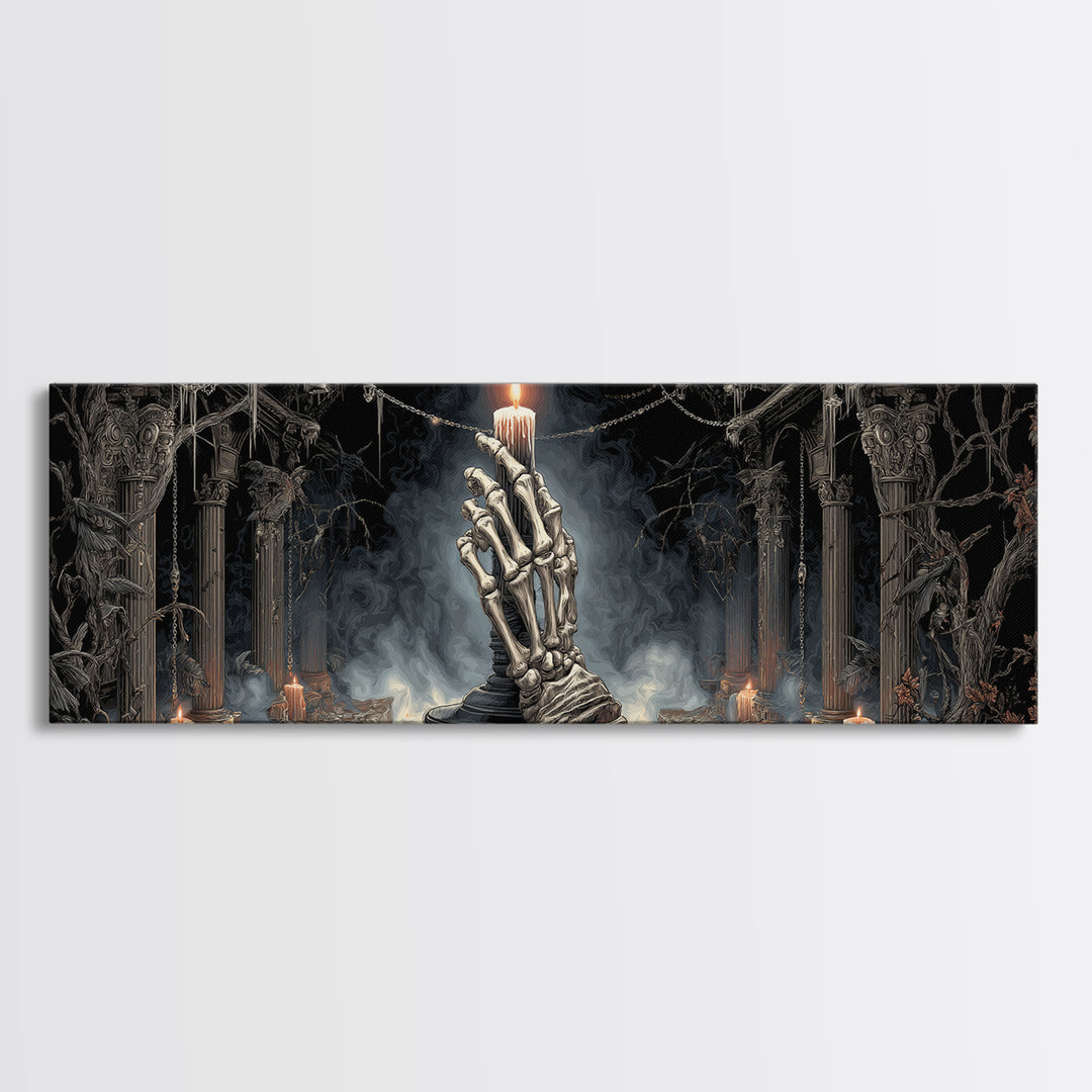 The Skeletal Hand Candleholder, Extra Wide Wall Art, Macabre Wall Art, Framed Canvas Print, Halloween Wall Decor, Gothic Home Decor
