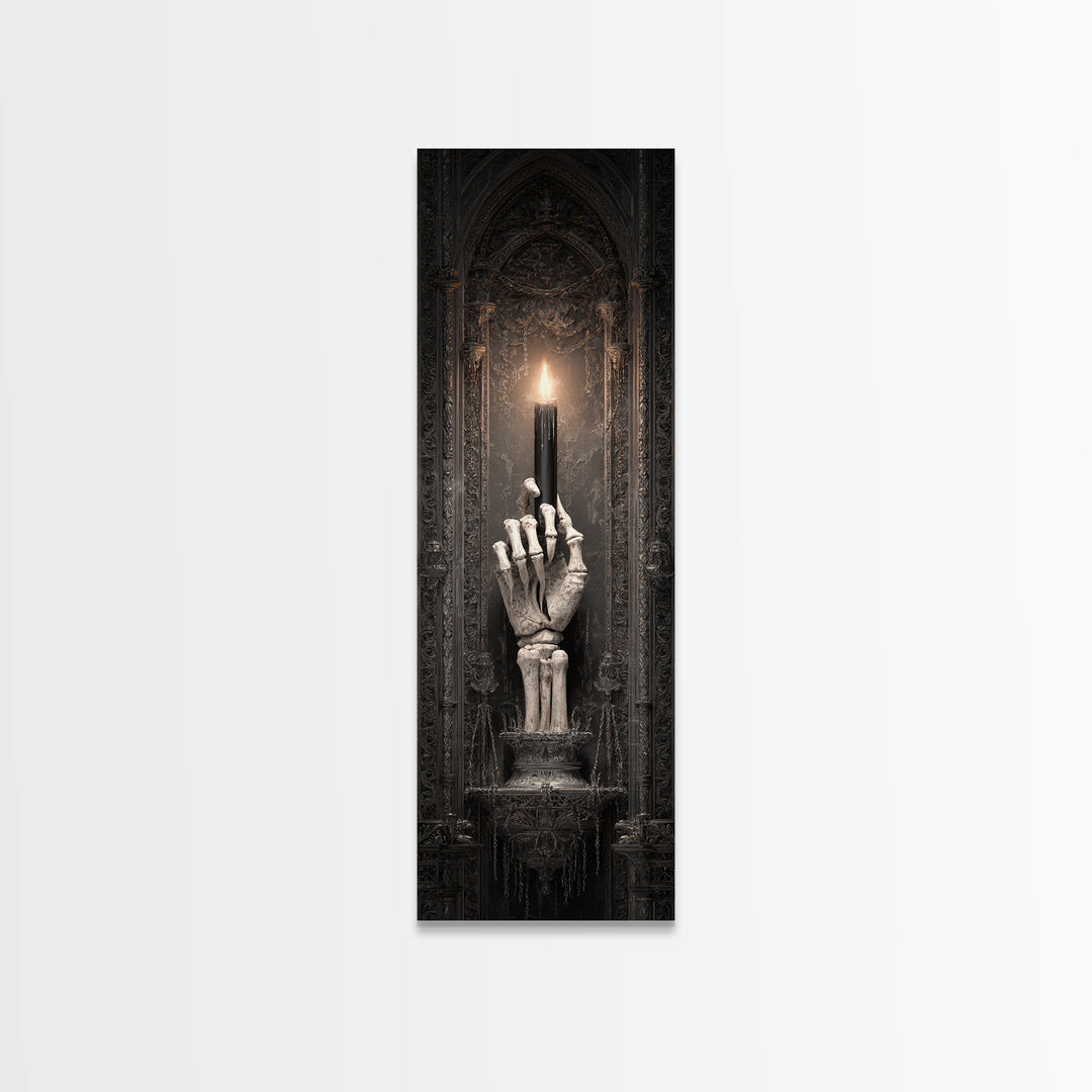 The Skeletal Hand Candleholder, Tall Narrow Wall Art, Macabre Wall Art, Framed Canvas Print, Halloween Wall Decor, Gothic Home Decor