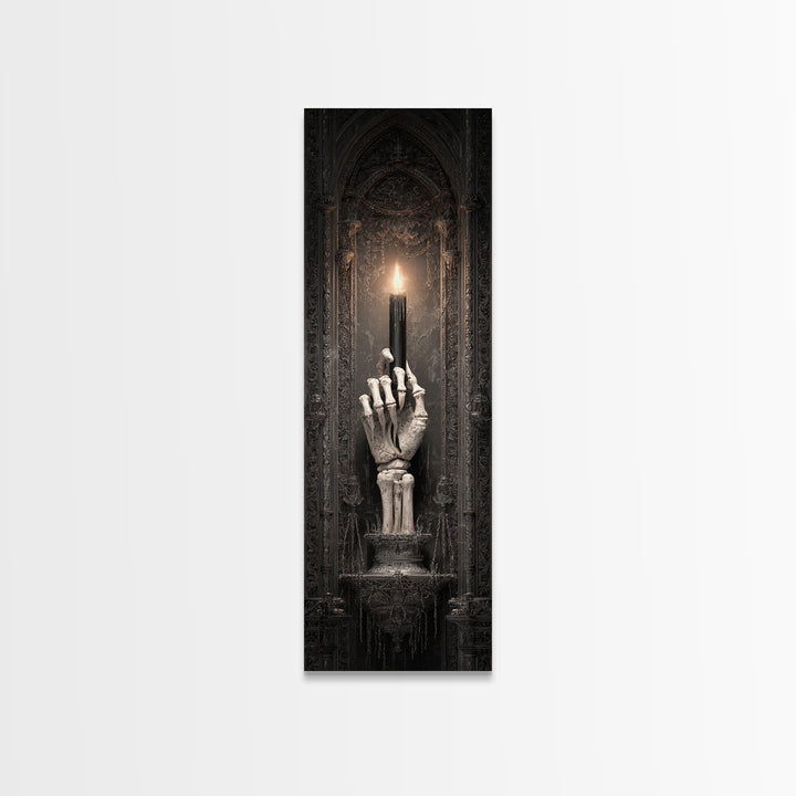 The Skeletal Hand Candleholder, Tall Narrow Wall Art, Macabre Wall Art, Framed Canvas Print, Halloween Wall Decor, Gothic Home Decor