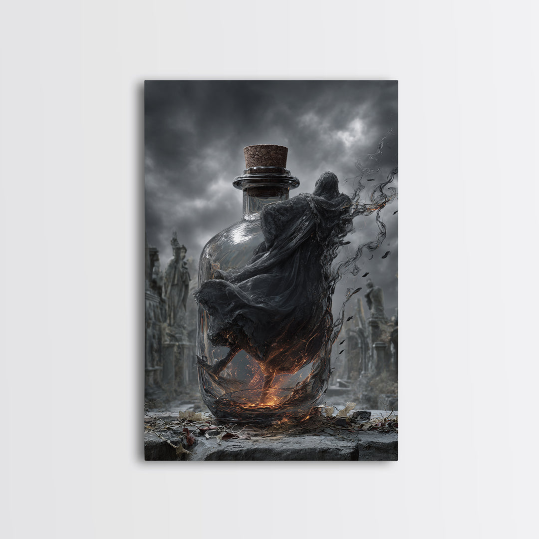 The Bottled Ghost, Vertical Wall Art, Gothic Horror Wall Art, Framed Canvas Print, Halloween Wall Decor, Gothic Home Decor