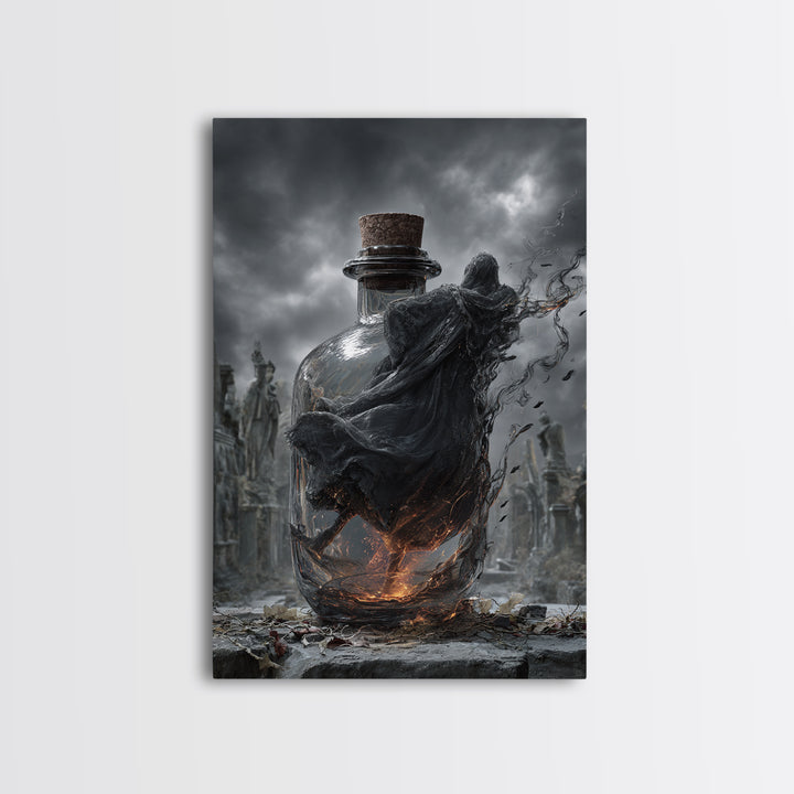 The Bottled Ghost, Vertical Wall Art, Gothic Horror Wall Art, Framed Canvas Print, Halloween Wall Decor, Gothic Home Decor