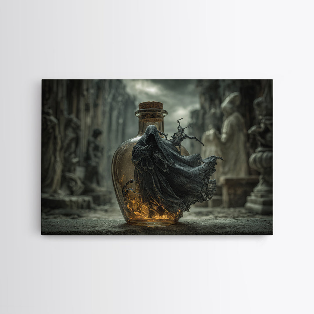 The Bottled Ghost, Landscape Wall Art, Macabre Wall Art, Framed Canvas Print, Halloween Wall Decor, Gothic Home Decor