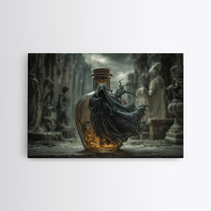 The Bottled Ghost, Landscape Wall Art, Macabre Wall Art, Framed Canvas Print, Halloween Wall Decor, Gothic Home Decor