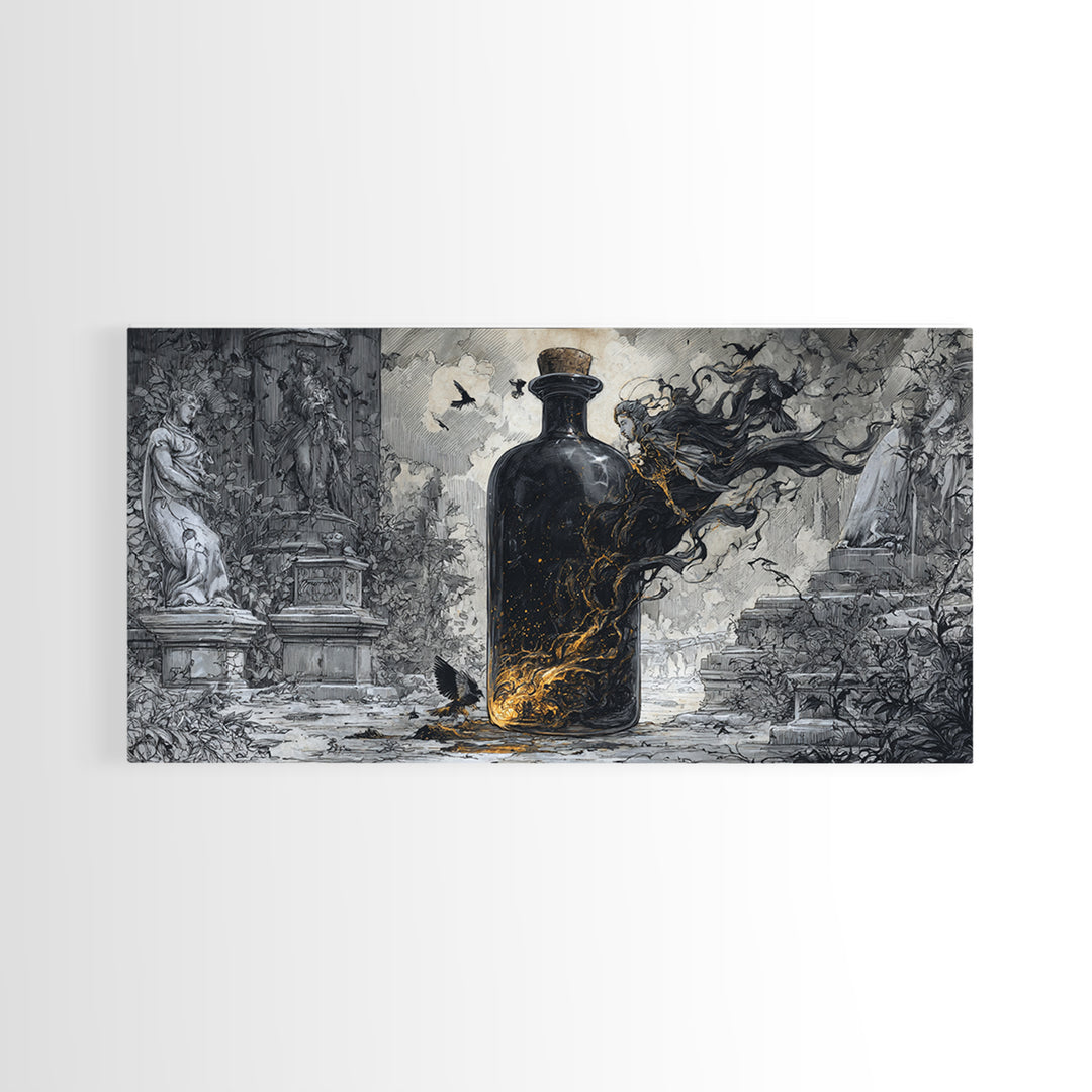 The Bottled Ghost, Wide Panoramic Art, Dark Fantasy Wall Art, Canvas Print, Halloween Wall Decor, Gothic Home Decor, Seasonal Home Decor