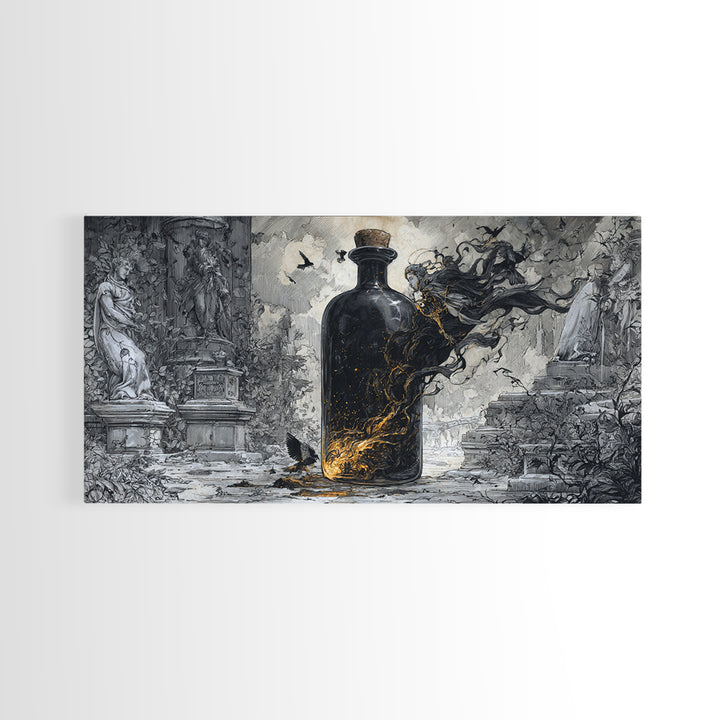 The Bottled Ghost, Wide Panoramic Art, Dark Fantasy Wall Art, Canvas Print, Halloween Wall Decor, Gothic Home Decor, Seasonal Home Decor