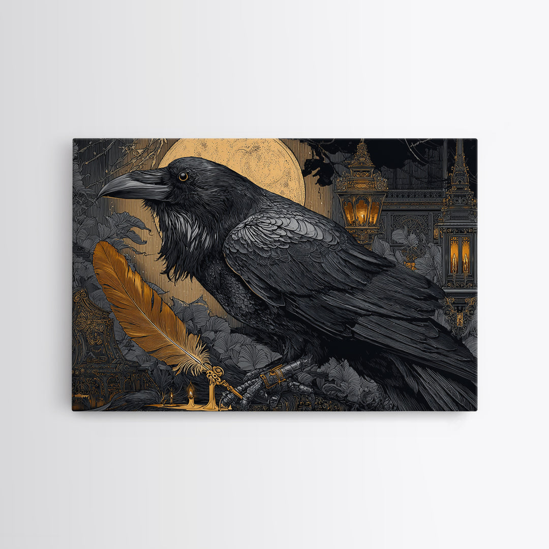 The Raven-Feather Quill, Landscape Wall Art, Macabre Wall Art, Framed Canvas Print, Halloween Wall Decor, Gothic Home Decor