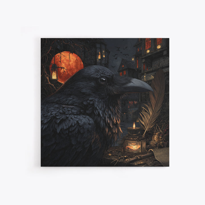 The Raven-Feather Quill, Square Wall Art, Gothic Horror Wall Art, Framed Canvas Print, Halloween Wall Decor, Gothic Home Decor