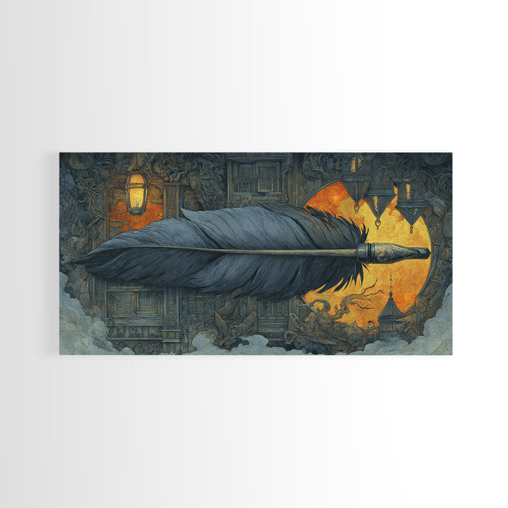 The Raven-Feather Quill, Wide Panoramic Art, Gothic Horror Wall Art, Framed Canvas Print, Halloween Wall Decor, Gothic Home Decor