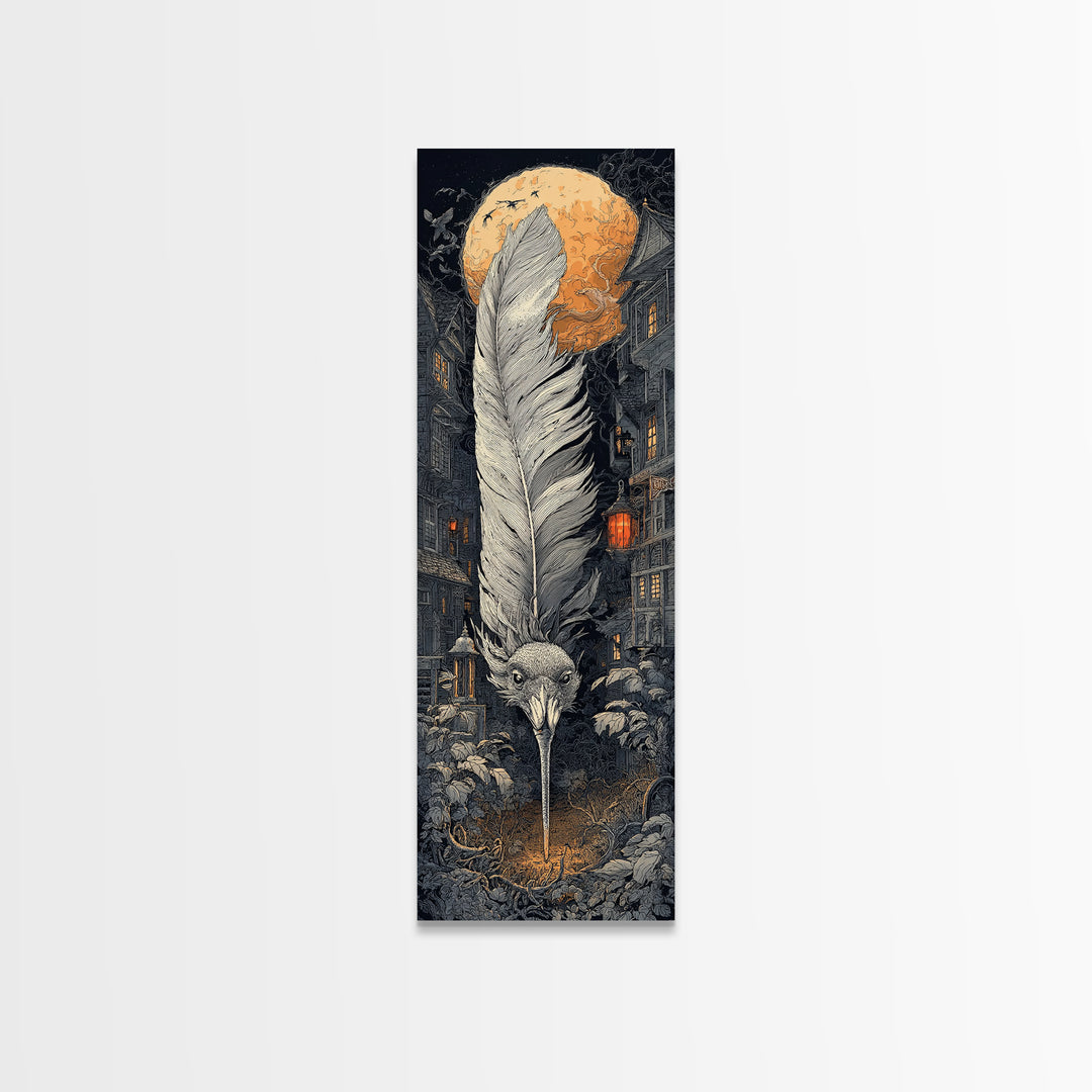 The Raven-Feather Quill, Tall Narrow Wall Art, Macabre Wall Art, Framed Canvas Print, Halloween Wall Decor, Gothic Home Decor