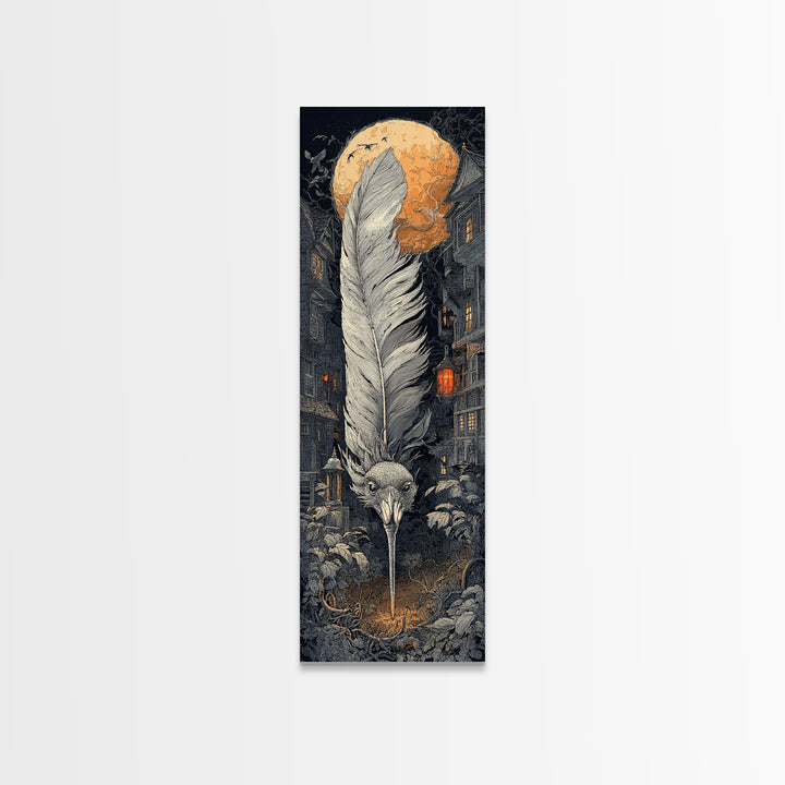 The Raven-Feather Quill, Tall Narrow Wall Art, Macabre Wall Art, Framed Canvas Print, Halloween Wall Decor, Gothic Home Decor