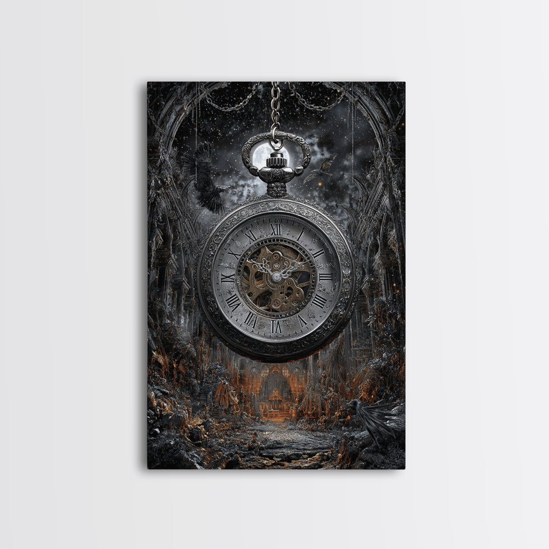 The Cursed Pocket Watch, Vertical Wall Art, Gothic Horror Wall Art, Framed Canvas Print, Halloween Wall Decor, Gothic Home Decor